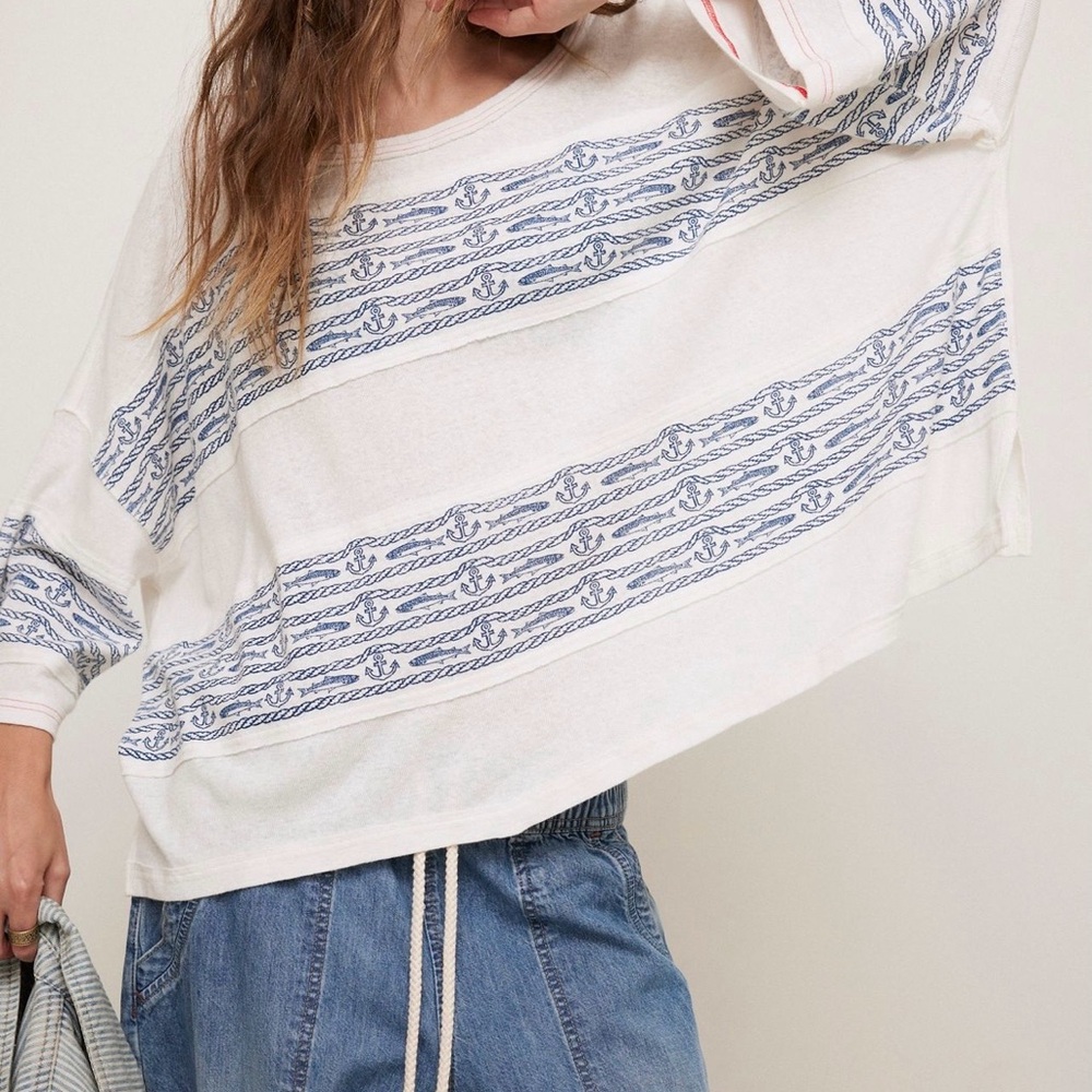 Free People High Seas Tee with Blue Rope-Stripe Print
